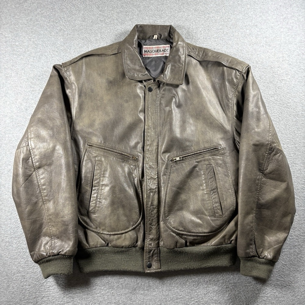 VTG 80s Masquerade Leather Bomber Jacket Mens 44 D A-2 Flight Green Brown Patina